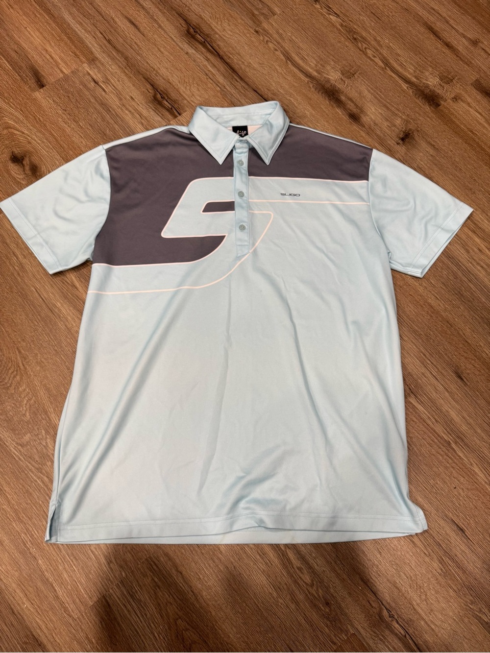 Sligo S Logo Light Blue Performance Golf Polo with Gray Chest Panel